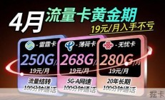 移动、电信、联通齐发力！19元月租流量攀升至280G、268G、250G！更有5G超频网速、100分钟免费通话、流量结转、本地归属等权益。2026热门流量卡推荐