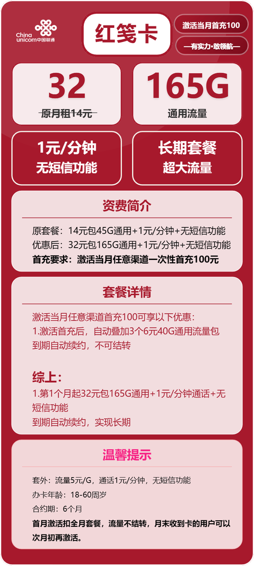 联通红笺卡套餐怎么样？含165G通用流量，首月享专属优惠